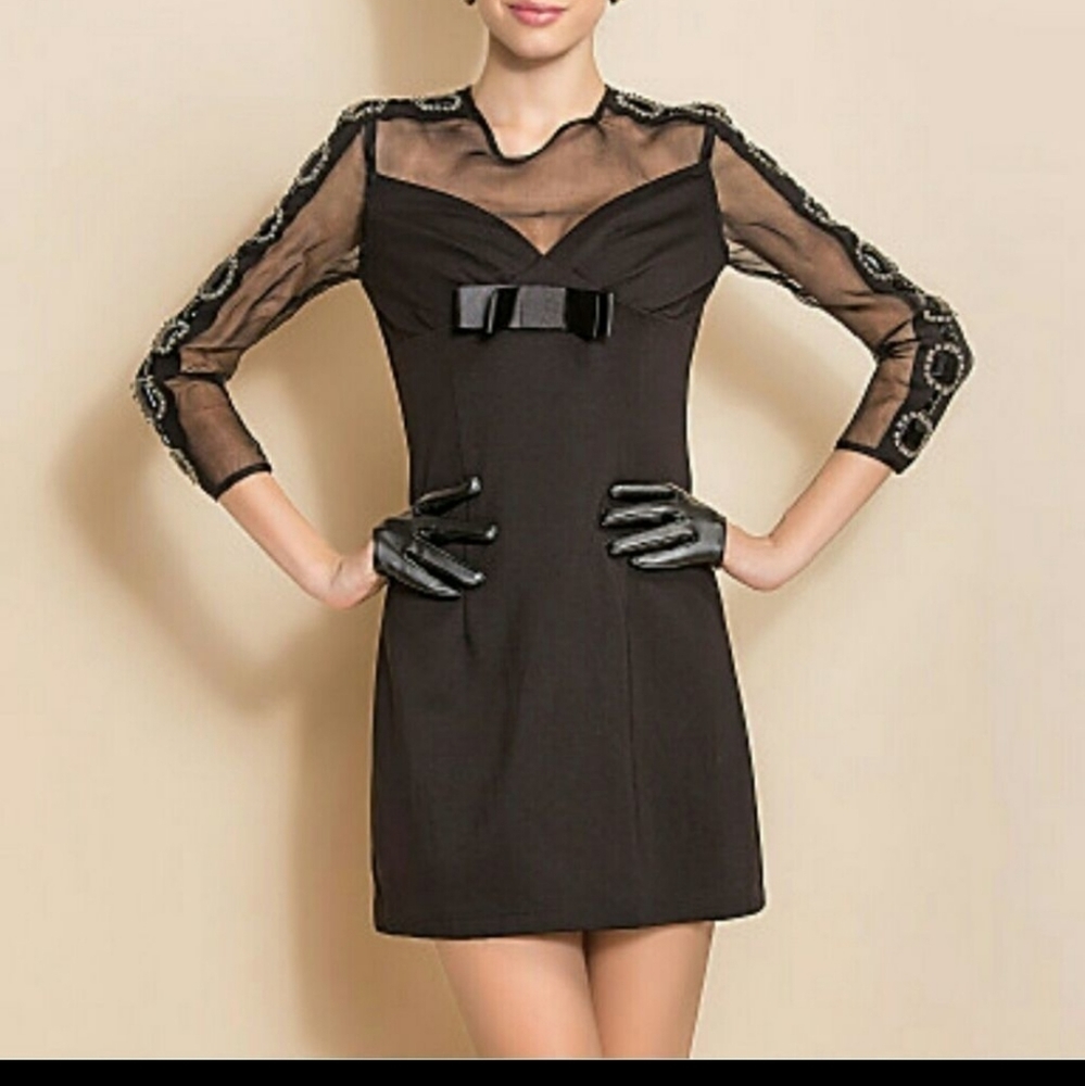 THREE SEASONS LBD BLACK W/ SHEER DECOLLTAGE JEWEL EMBELLISHMENTS MIDI SIZE L